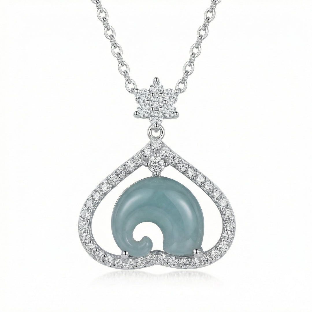 925 Sterling Silver Heart Necklace – Curved Blue Jadeite Pendant with Sparkling Accents