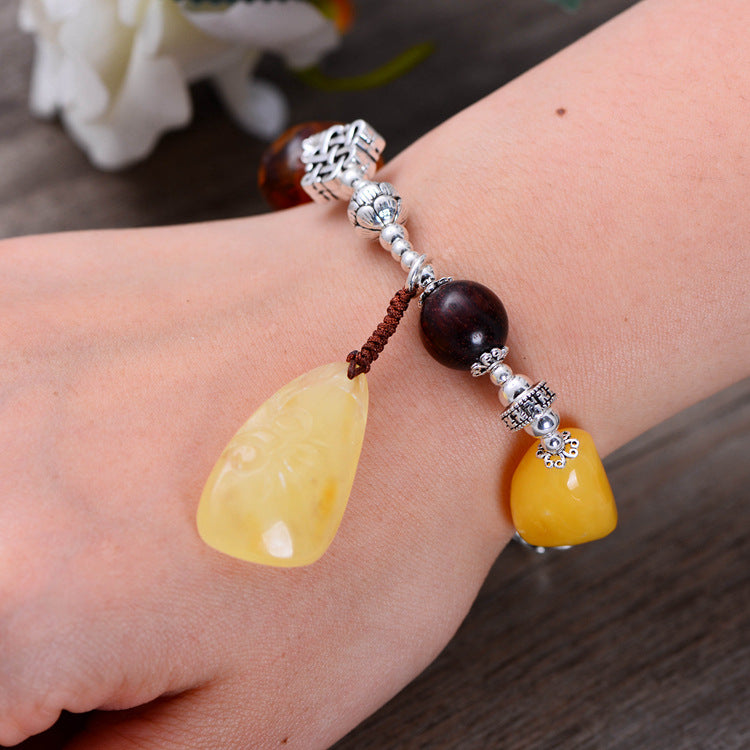 925 Sterling Silver Vintage Amber Beeswax Bracelet – Handmade Women’s Jewelry