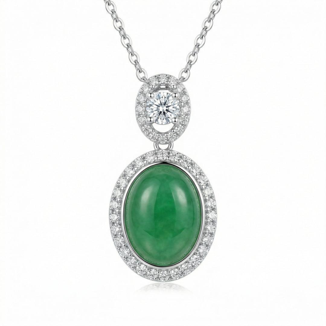 925 Sterling Silver Oval Green Jadeite Pendant Necklace with Diamond Halo