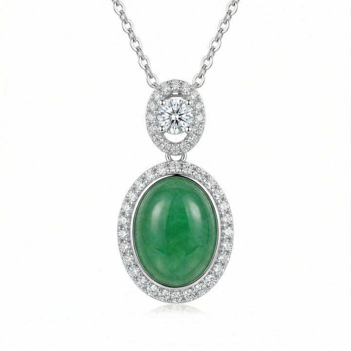925 Sterling Silver Oval Green Jadeite Pendant Necklace with Diamond Halo