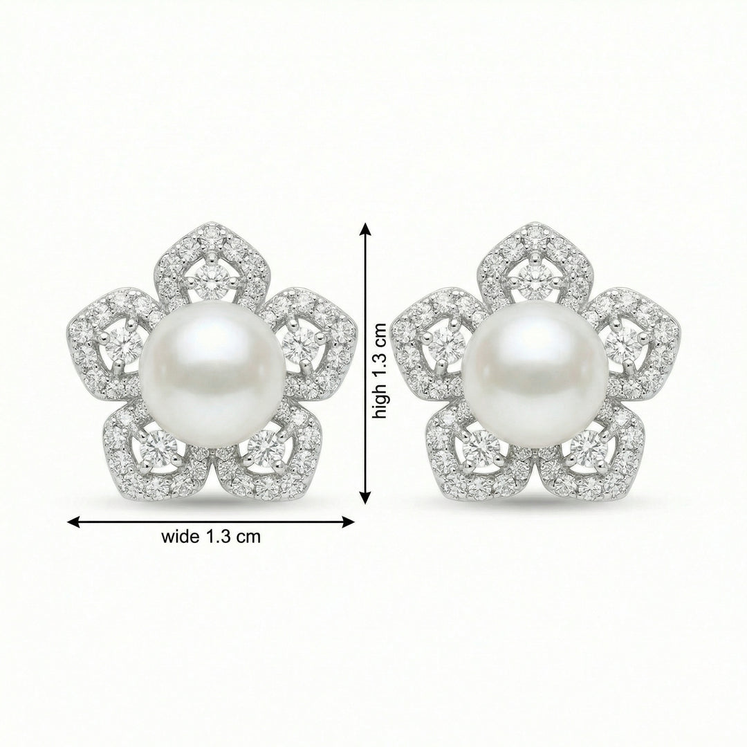 ✨ 925 Sterling Silver Floral White Pearl & Diamond Petal Stud Earrings ✨