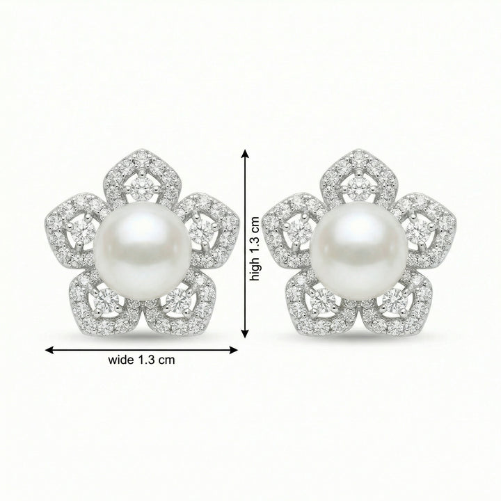 ✨ 925 Sterling Silver Floral White Pearl & Diamond Petal Stud Earrings ✨