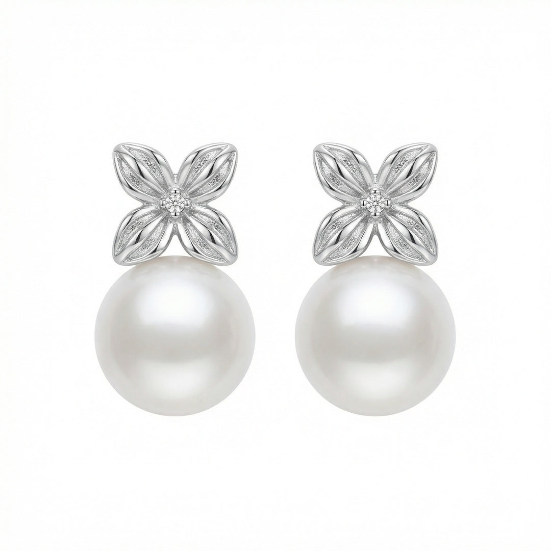 ✨ 925 Sterling Silver Elegant White Pearl & Diamond Floral Stud Drop Earrings ✨