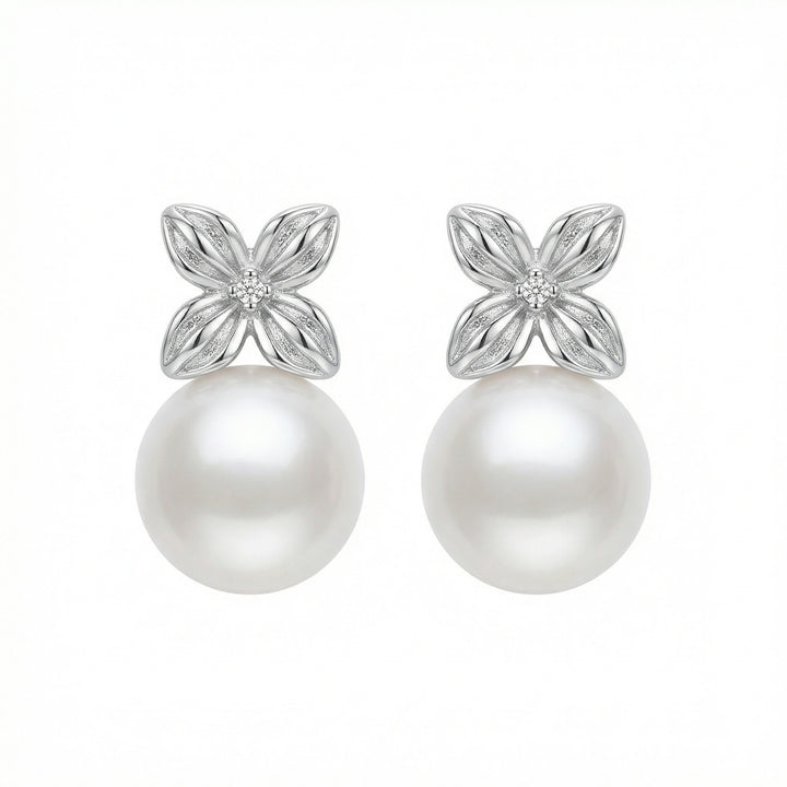 ✨ 925 Sterling Silver Elegant White Pearl & Diamond Floral Stud Drop Earrings ✨