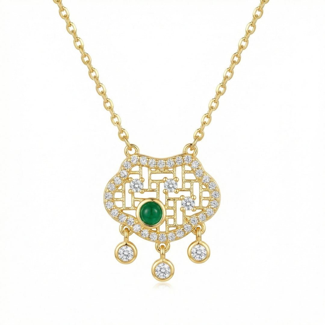✨ 925 Sterling Silver Emerald & Diamond Longevity Lock Necklace