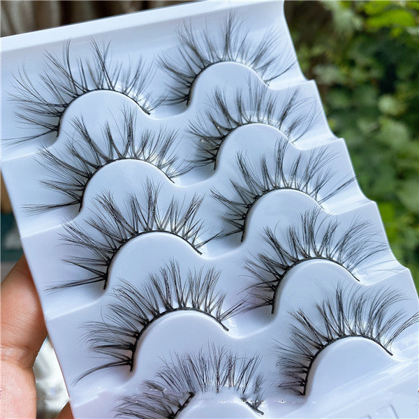 👁️✨ Curled Messy Cross Fairy Lashes – 5 Pairs Wispy Mixed Volume False Eyelashes with Glue
