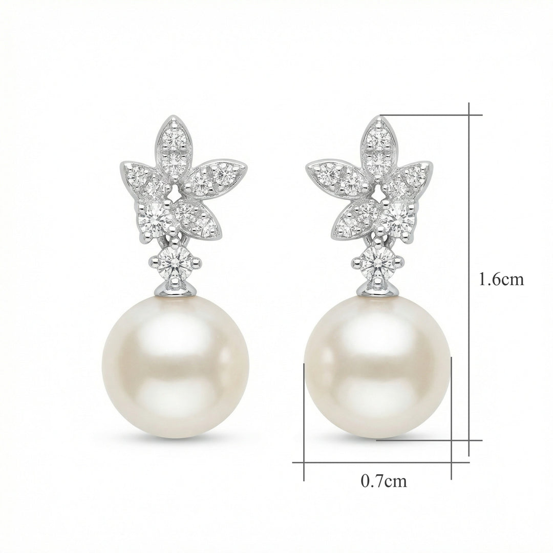 ✨ 925 Sterling Silver White Pearl Drop Earrings with Diamond Floral Accents ✨