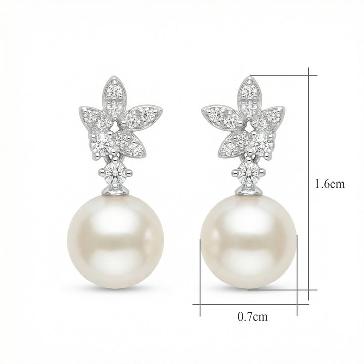 ✨ 925 Sterling Silver White Pearl Drop Earrings with Diamond Floral Accents ✨