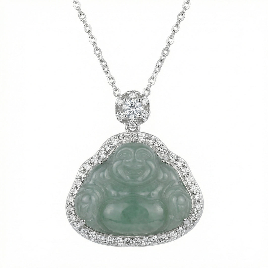 925 Sterling Silver Green Jade Laughing Buddha Necklace – Sparkling Accents in Polished Silver Tone