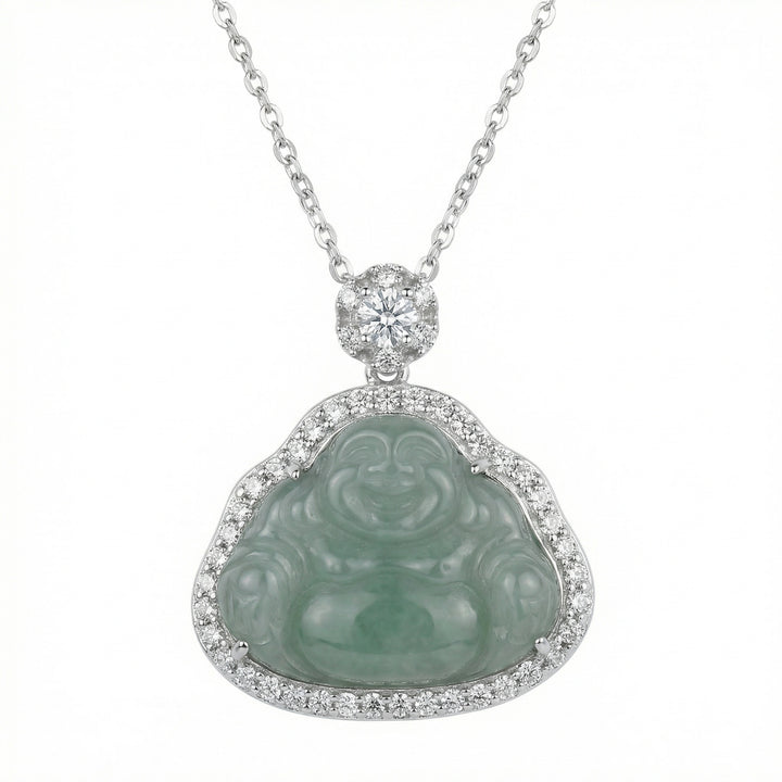 925 Sterling Silver Green Jade Laughing Buddha Necklace – Sparkling Accents in Polished Silver Tone