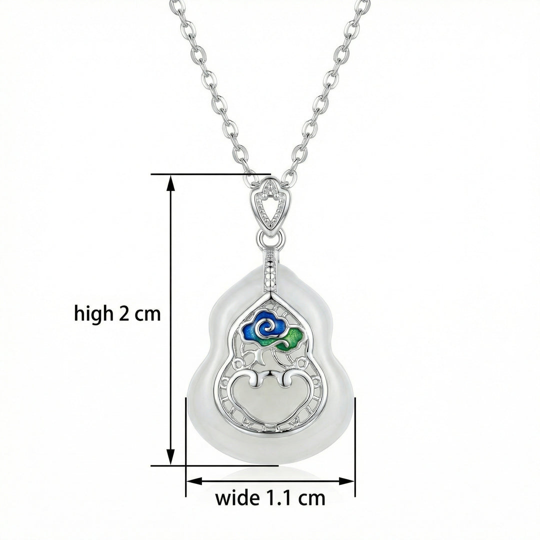 925 Sterling Silver Elegant Gourd Pendant Necklace with White Jade and Enamel Inlay