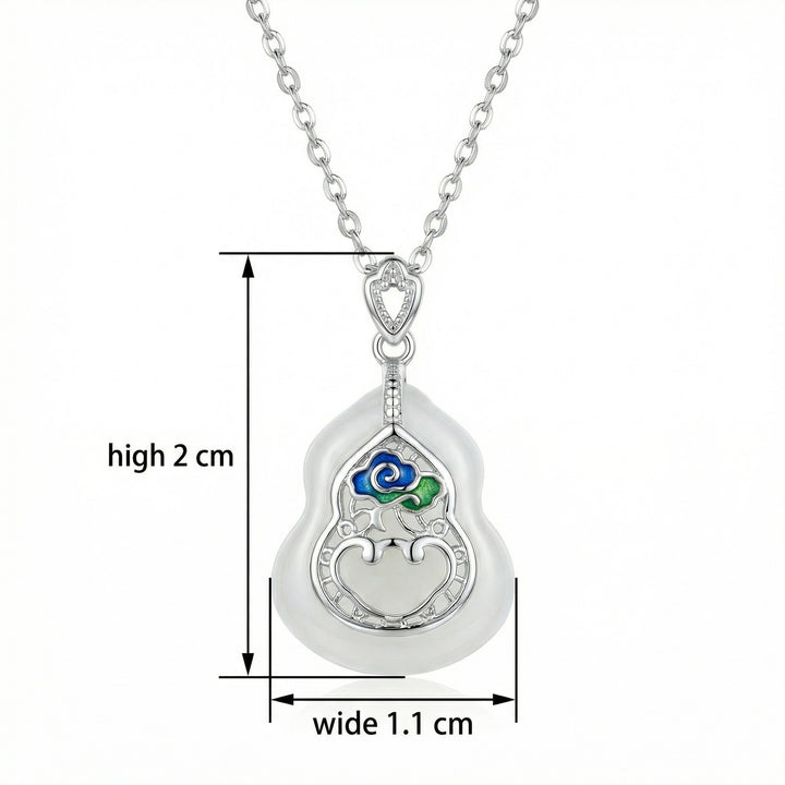 925 Sterling Silver Elegant Gourd Pendant Necklace with White Jade and Enamel Inlay