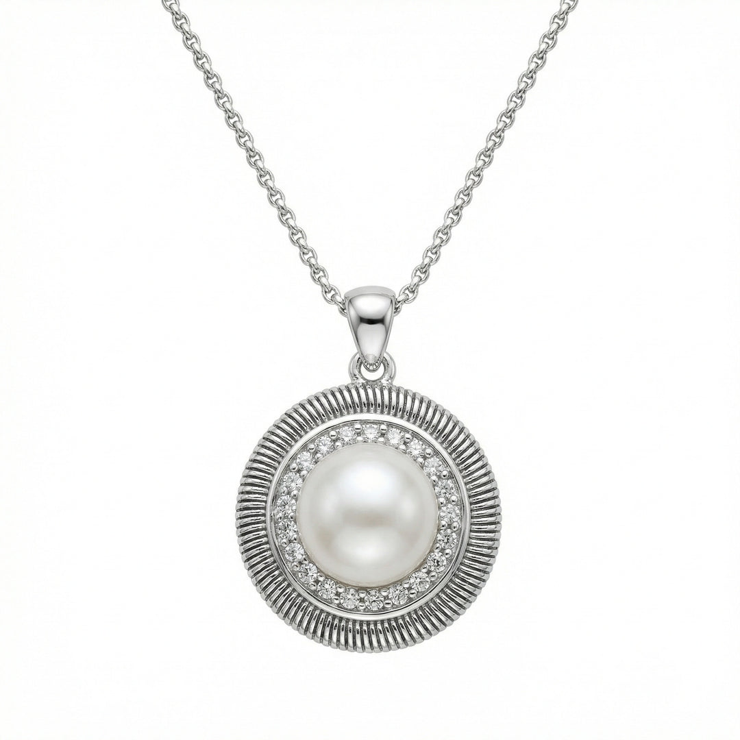 ✨ 925 Sterling Silver Elegant Round Pearl Pendant Necklace with Textured Halo Accents ✨