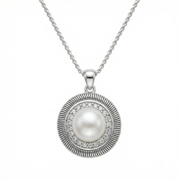 ✨ 925 Sterling Silver Elegant Round Pearl Pendant Necklace with Textured Halo Accents ✨