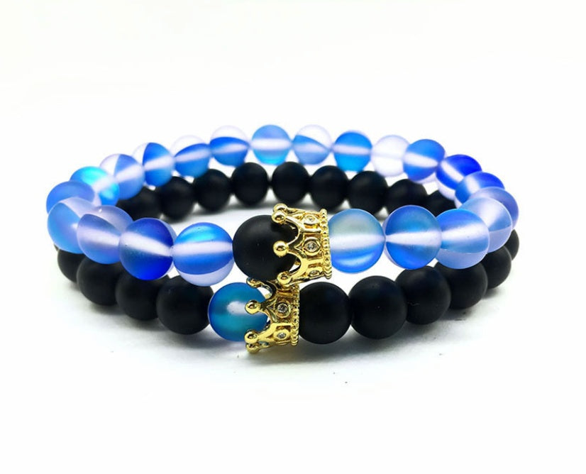 Crown Couple Glass Bead Bracelet