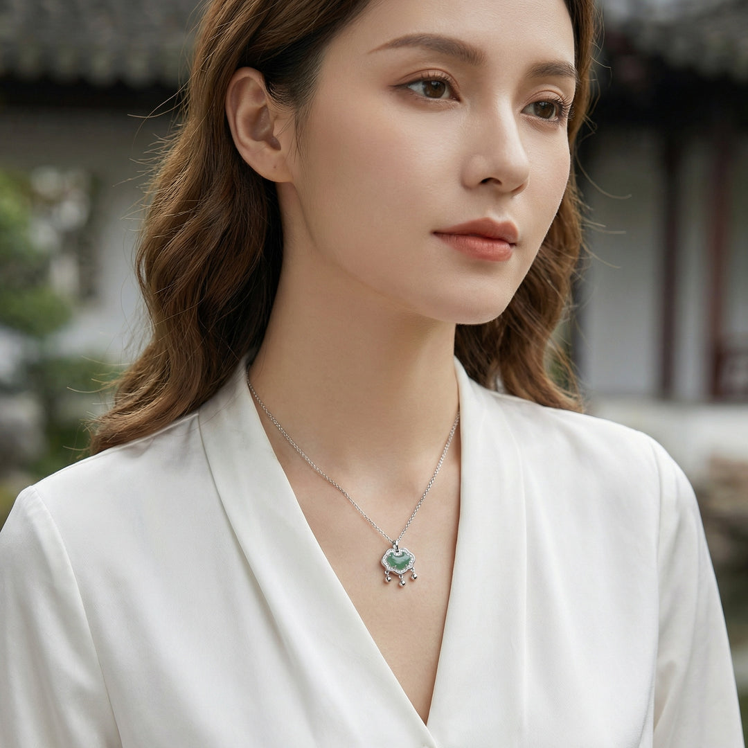 925 Sterling Silver Jade Padlock Necklace – Elegant Pendant with Crystals & Dainty Charms