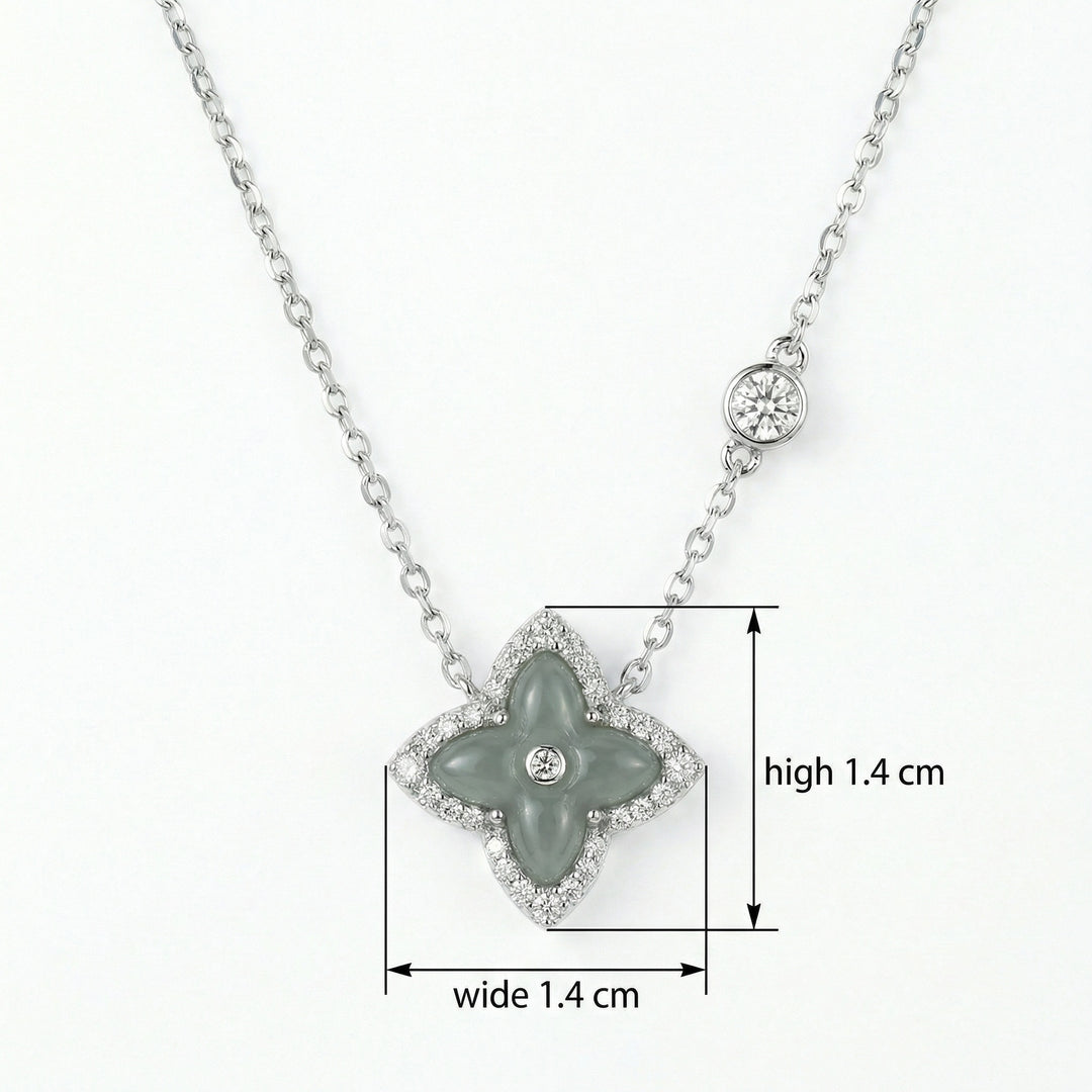 925 Sterling Silver Elegant Quatrefoil Grey Jade and Diamond Halo Pendant Necklace with Bezel-Set Station