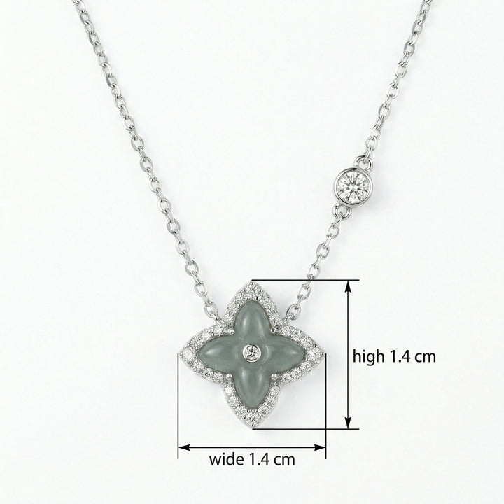 925 Sterling Silver Elegant Quatrefoil Grey Jade and Diamond Halo Pendant Necklace with Bezel-Set Station
