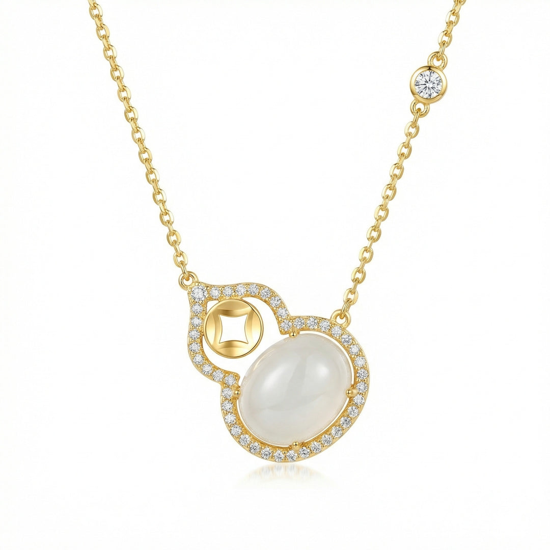 ✨ 925 Sterling Silver Exquisite Moonstone Hulu Necklace with Shimmering Accents & Prosperity Coin Design ✨