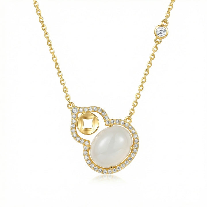 ✨ 925 Sterling Silver Exquisite Moonstone Hulu Necklace with Shimmering Accents & Prosperity Coin Design ✨