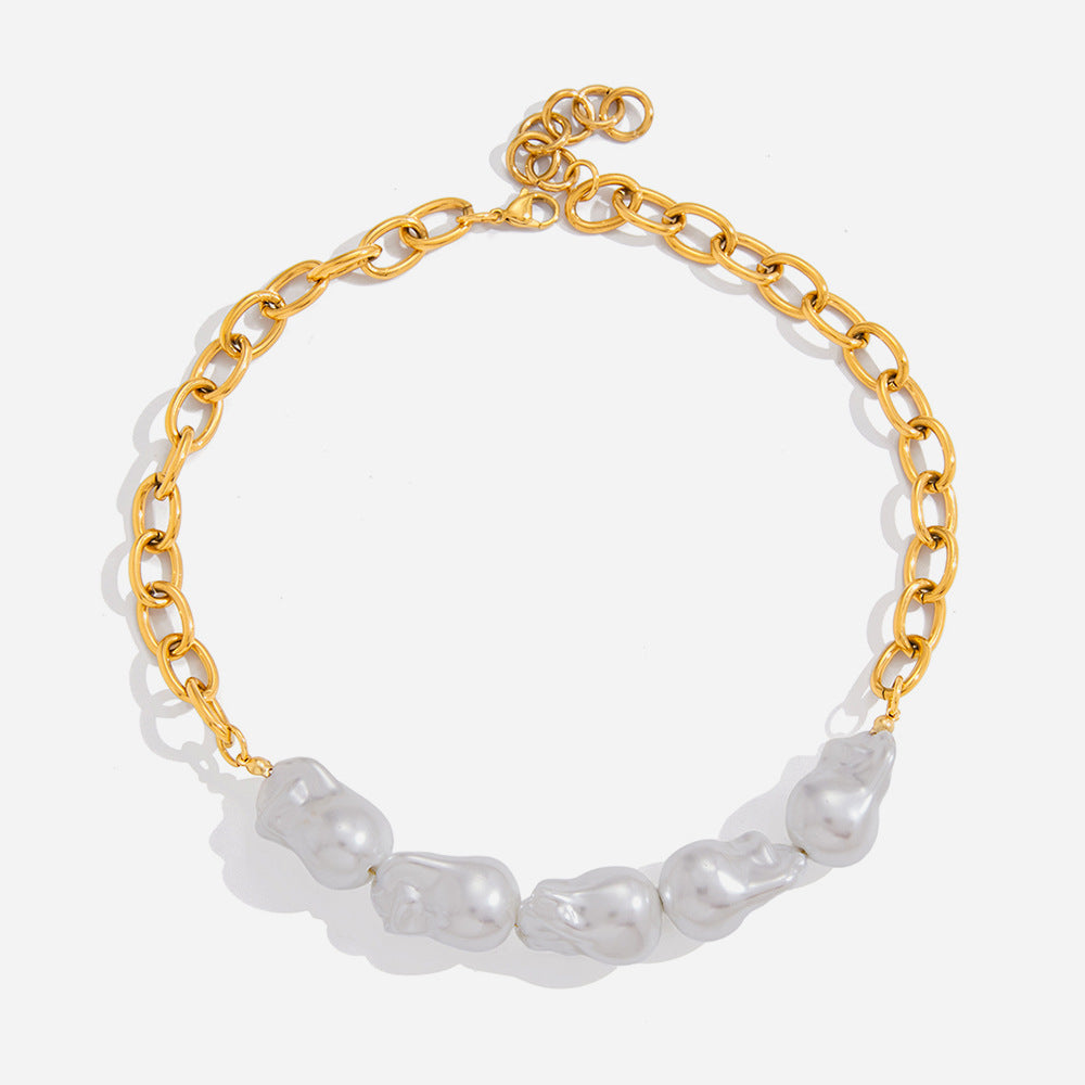 Elegant 18K Gold Stainless Steel Baroque Pearl Necklace – Chanel-Inspired Geometric Jewelry for Women