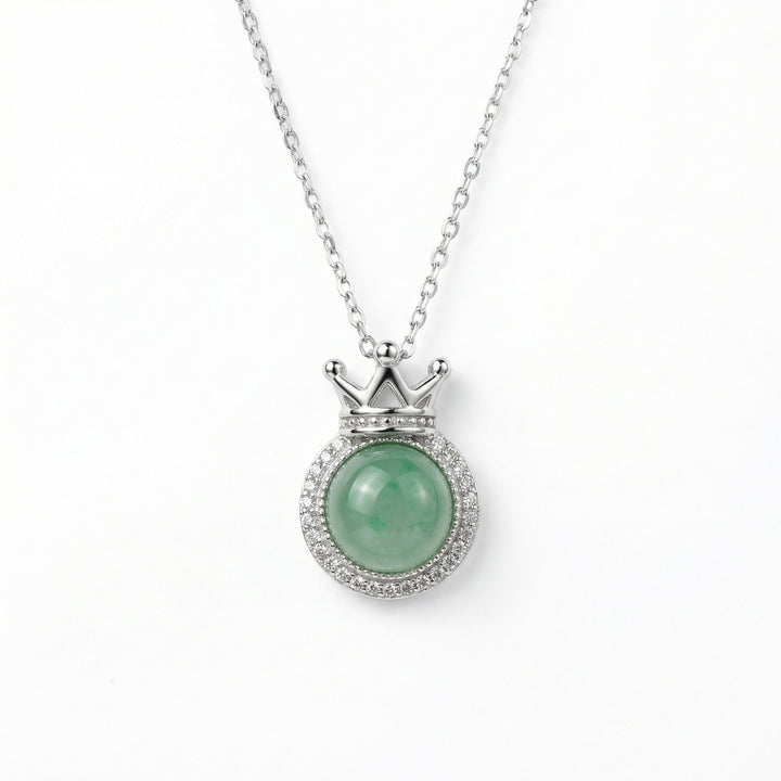 925 Sterling Silver Crown Necklace – Elegant Green Jade Pendant with Shimmering Halo