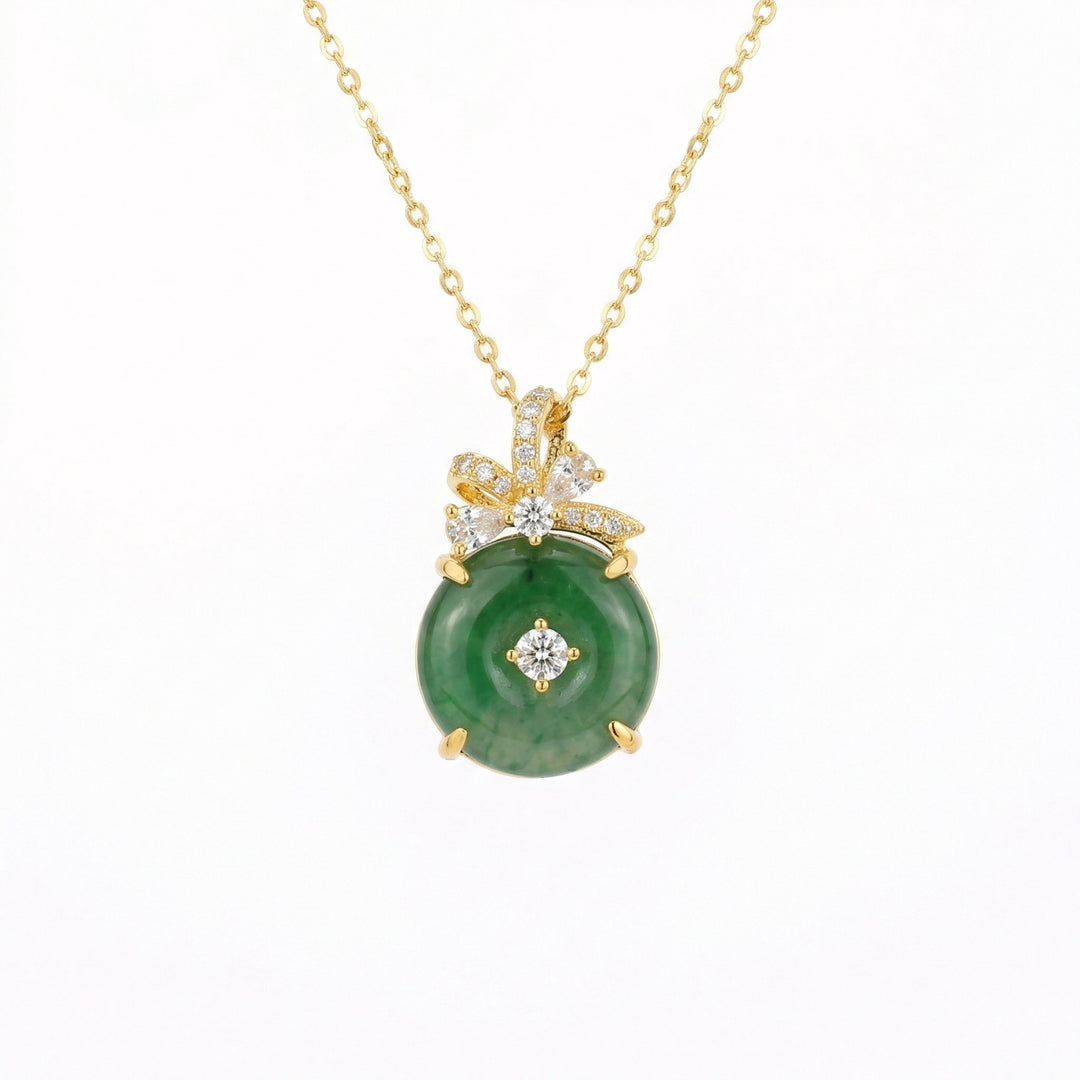 ✨ 925 Sterling Silver Exquisite Green Jade Circle Pendant Necklace with Diamond Bow Accents ✨