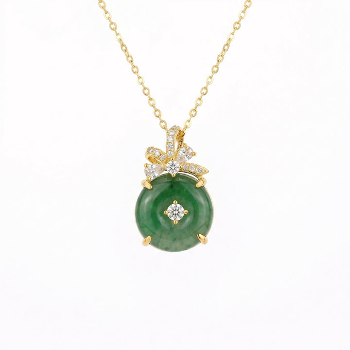 ✨ 925 Sterling Silver Exquisite Green Jade Circle Pendant Necklace with Diamond Bow Accents ✨