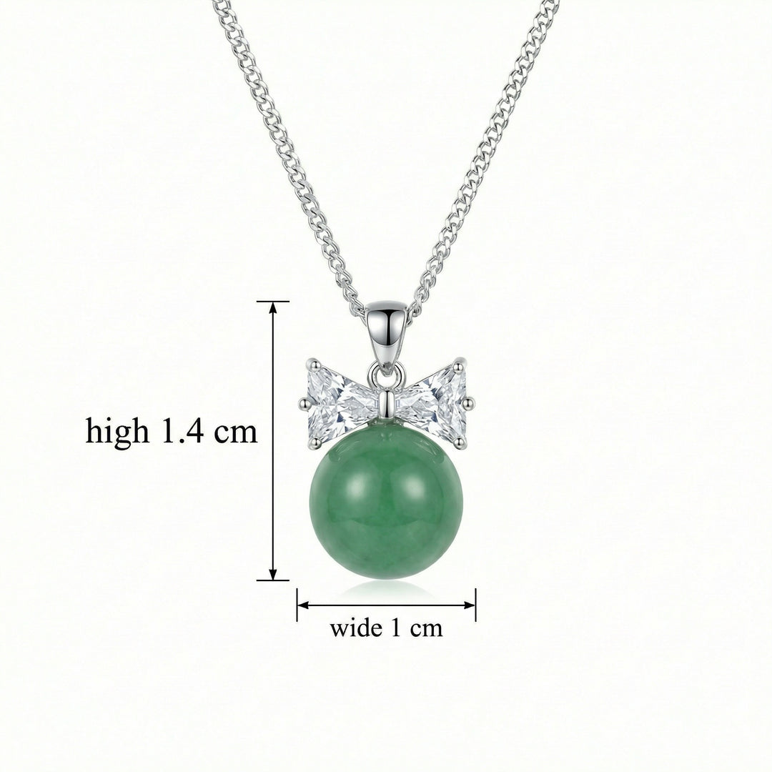 925 Sterling Silver Green Jade Sphere Necklace – Sparkling Bowknot Pendant