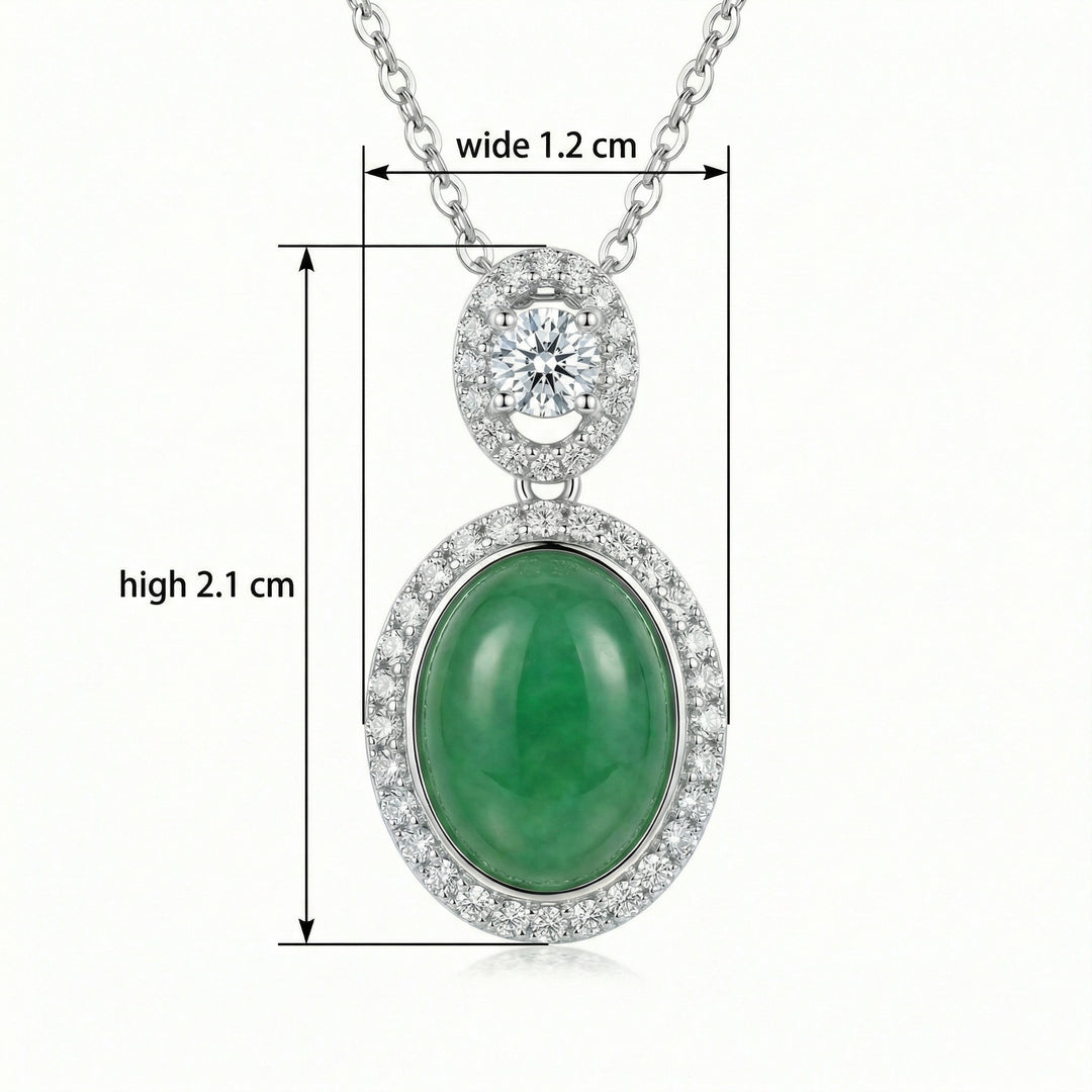 925 Sterling Silver Oval Green Jadeite Pendant Necklace with Diamond Halo