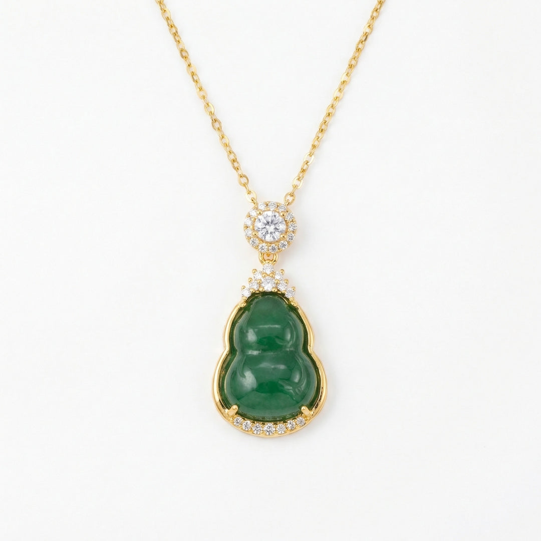 ✨ 925 Sterling Silver Elegant Green Jadeite Hulu Gourd Necklace with Sparkling Accents and Halo Bail ✨