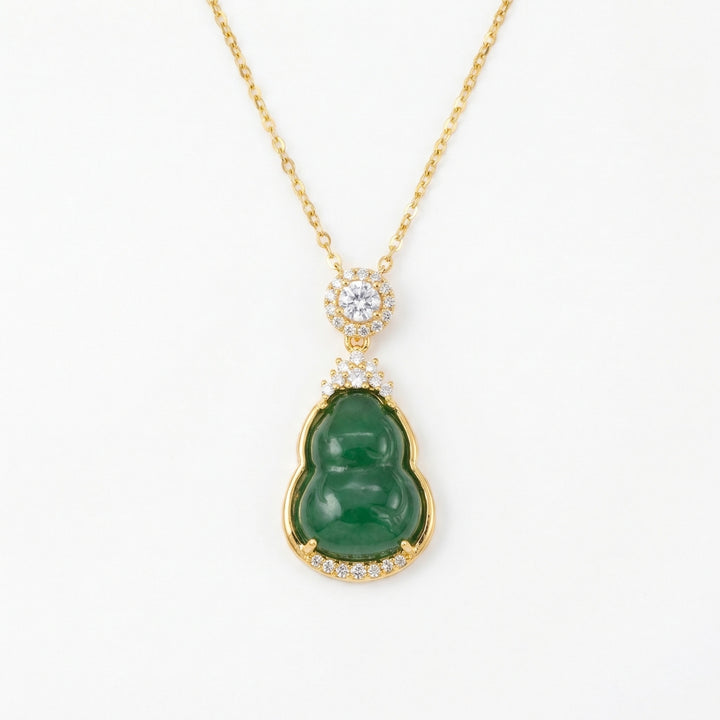 ✨ 925 Sterling Silver Elegant Green Jadeite Hulu Gourd Necklace with Sparkling Accents and Halo Bail ✨