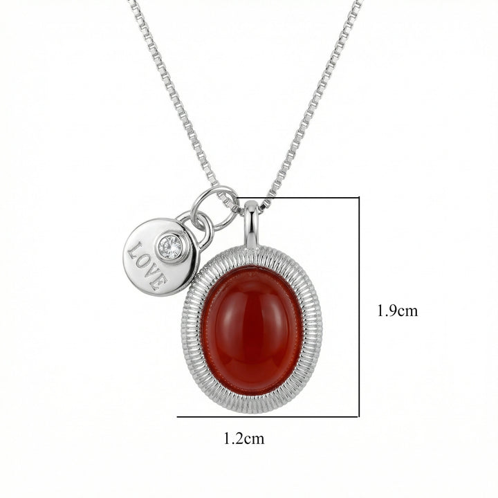925 Sterling Silver Silver Necklace with Oval Red Gemstone and "LOVE" Engraved Disc Pendant