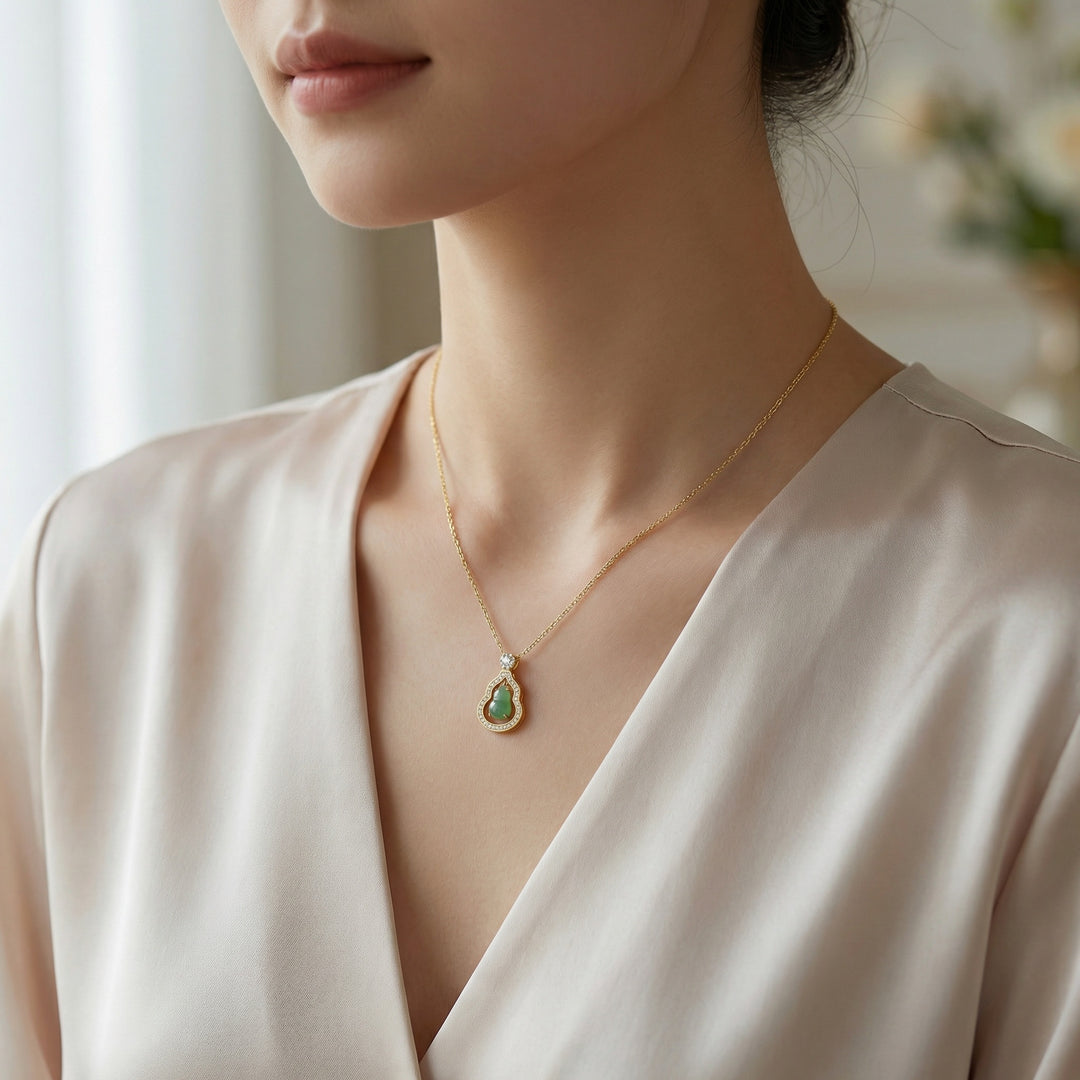 925 Sterling Silver Green Jadeite Hulu Pendant Necklace with Diamond Pavé Halo & Floral Bail