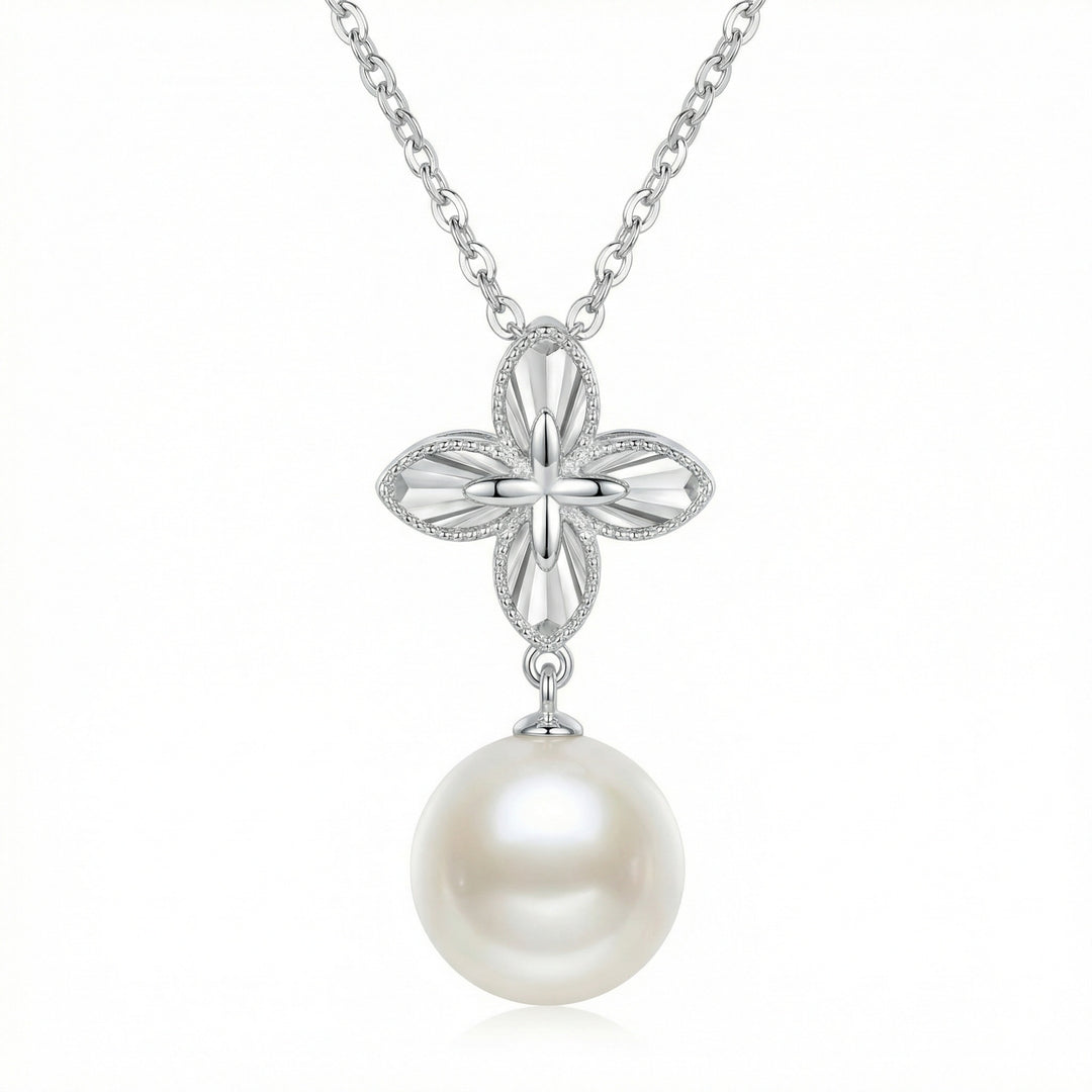 ✨ 925 Sterling Silver Four-Petal Flower Necklace with White Pearl ✨