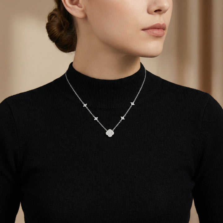 ✨ 925 Sterling Silver Diamond Four-Leaf Clover Station Necklace ✨