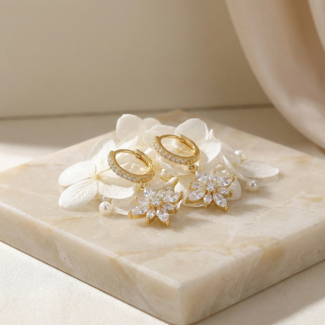 ✨ 925 Sterling Silver Floral Drop Huggie Hoop Earrings with Marquise & Brilliant-Cut Stones ✨