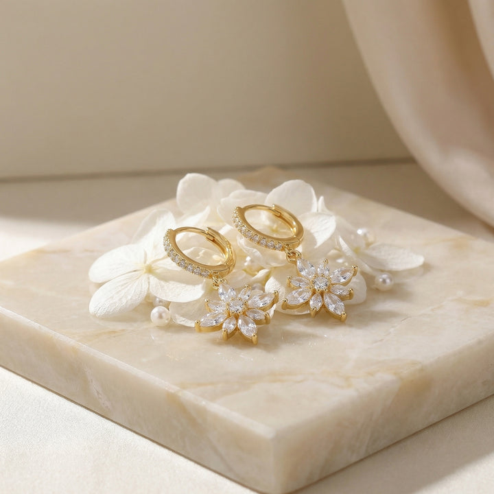 ✨ 925 Sterling Silver Floral Drop Huggie Hoop Earrings with Marquise & Brilliant-Cut Stones ✨