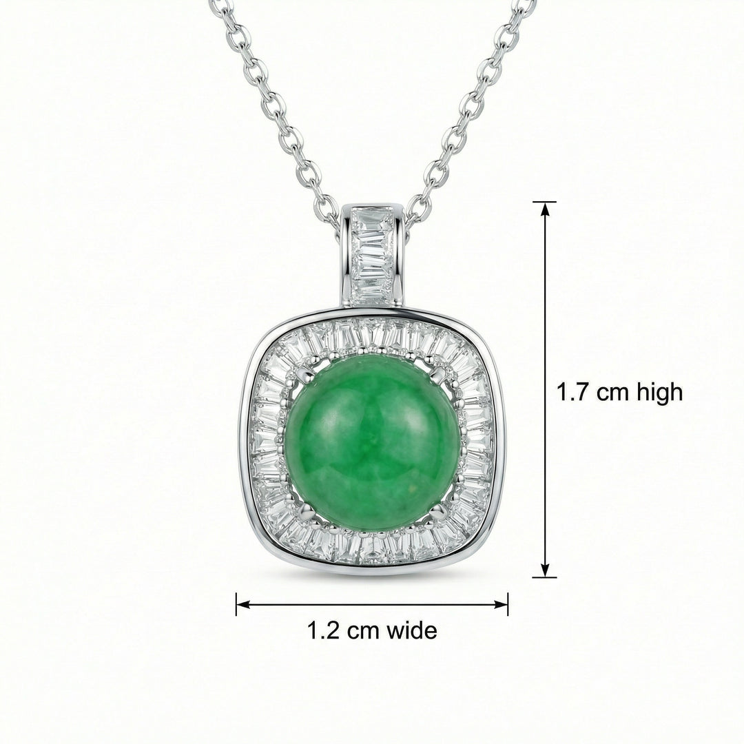 925 Sterling Silver Round Green Jade Pendant Necklace – Baguette-Cut Diamond Halo
