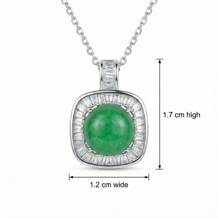 925 Sterling Silver Round Green Jade Pendant Necklace – Baguette-Cut Diamond Halo