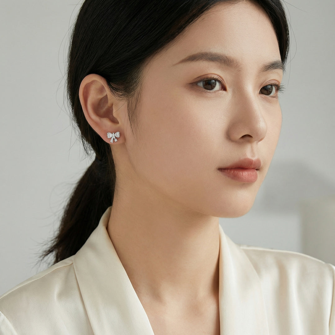 ✨ 925 Sterling Silver Heart Cat's Eye Bow Stud Earrings ✨