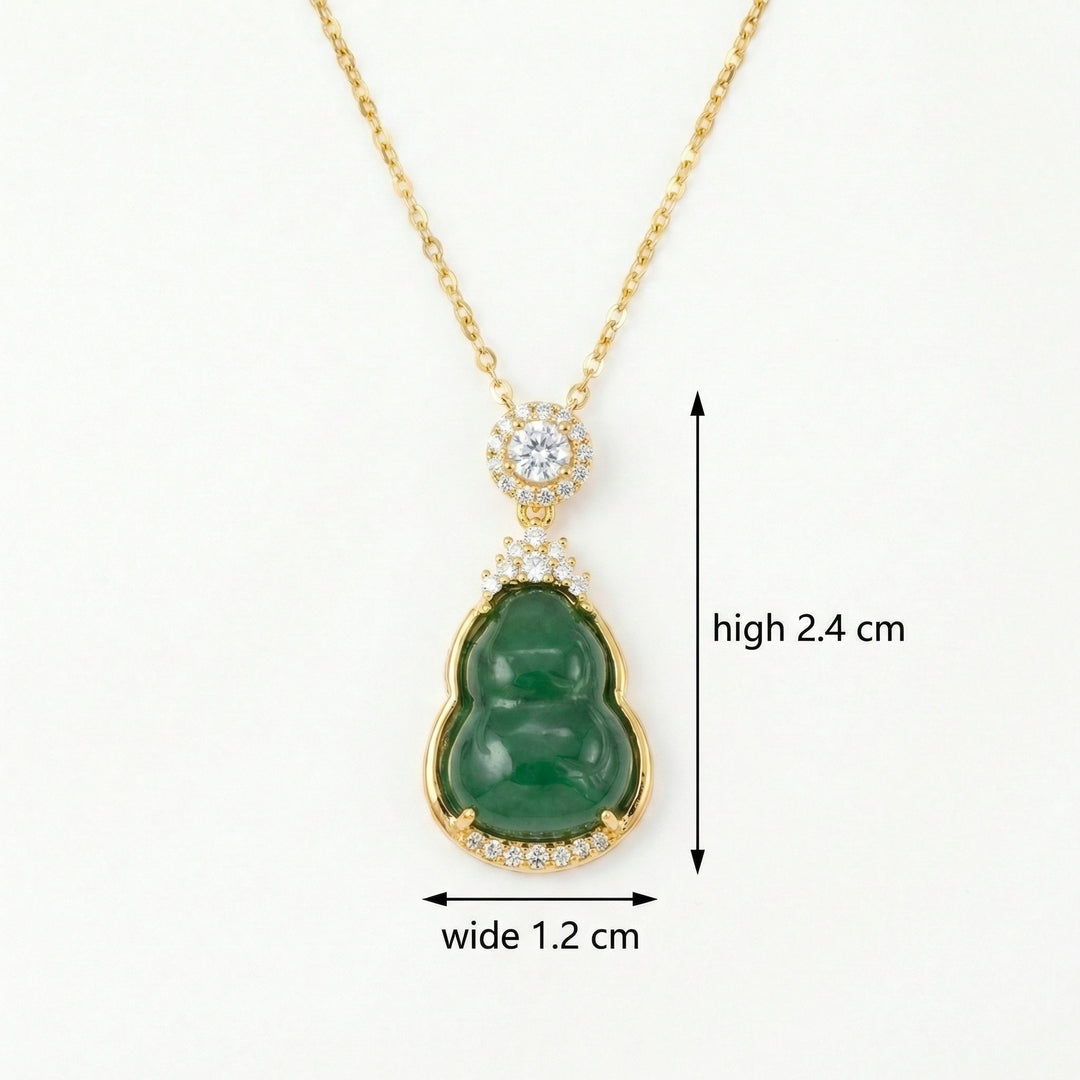 ✨ 925 Sterling Silver Elegant Green Jadeite Hulu Gourd Necklace with Sparkling Accents and Halo Bail ✨