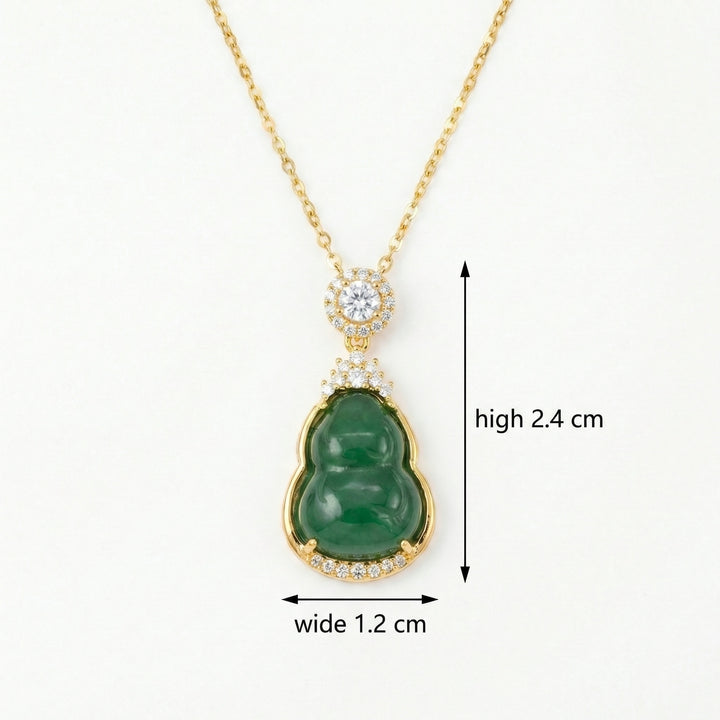 ✨ 925 Sterling Silver Elegant Green Jadeite Hulu Gourd Necklace with Sparkling Accents and Halo Bail ✨