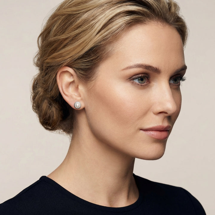 ✨ 925 Sterling Silver Pearl & Diamond Halo Stud Earrings with Ribbed Frame ✨