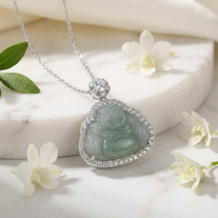 925 Sterling Silver Green Jade Laughing Buddha Necklace – Sparkling Accents in Polished Silver Tone