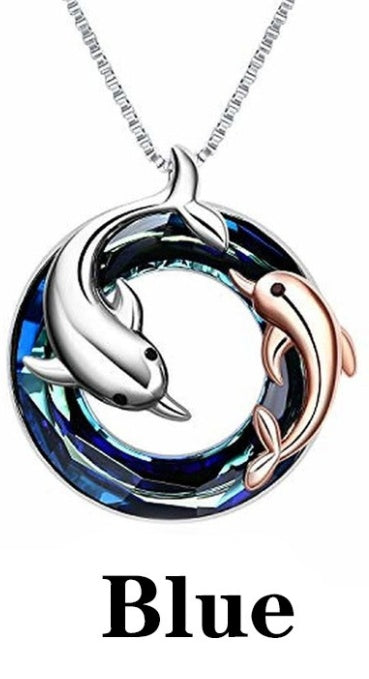 Women’s Colorful Circle Crystal Dolphin Pendant Necklace – Stylish Alloy Jewelry
