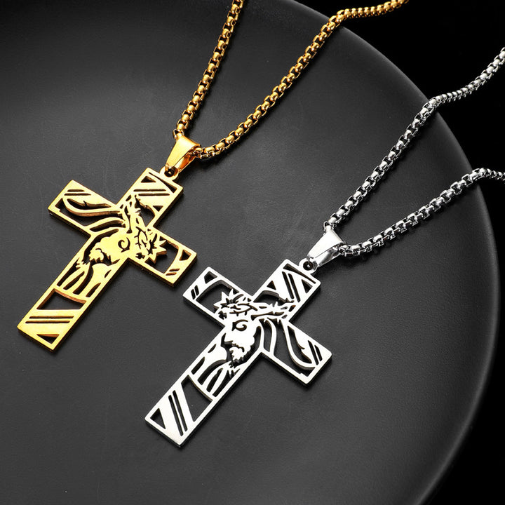 Unisex Hollow Cross Pendant Necklace – Stainless & Titanium Steel Pearl Chain