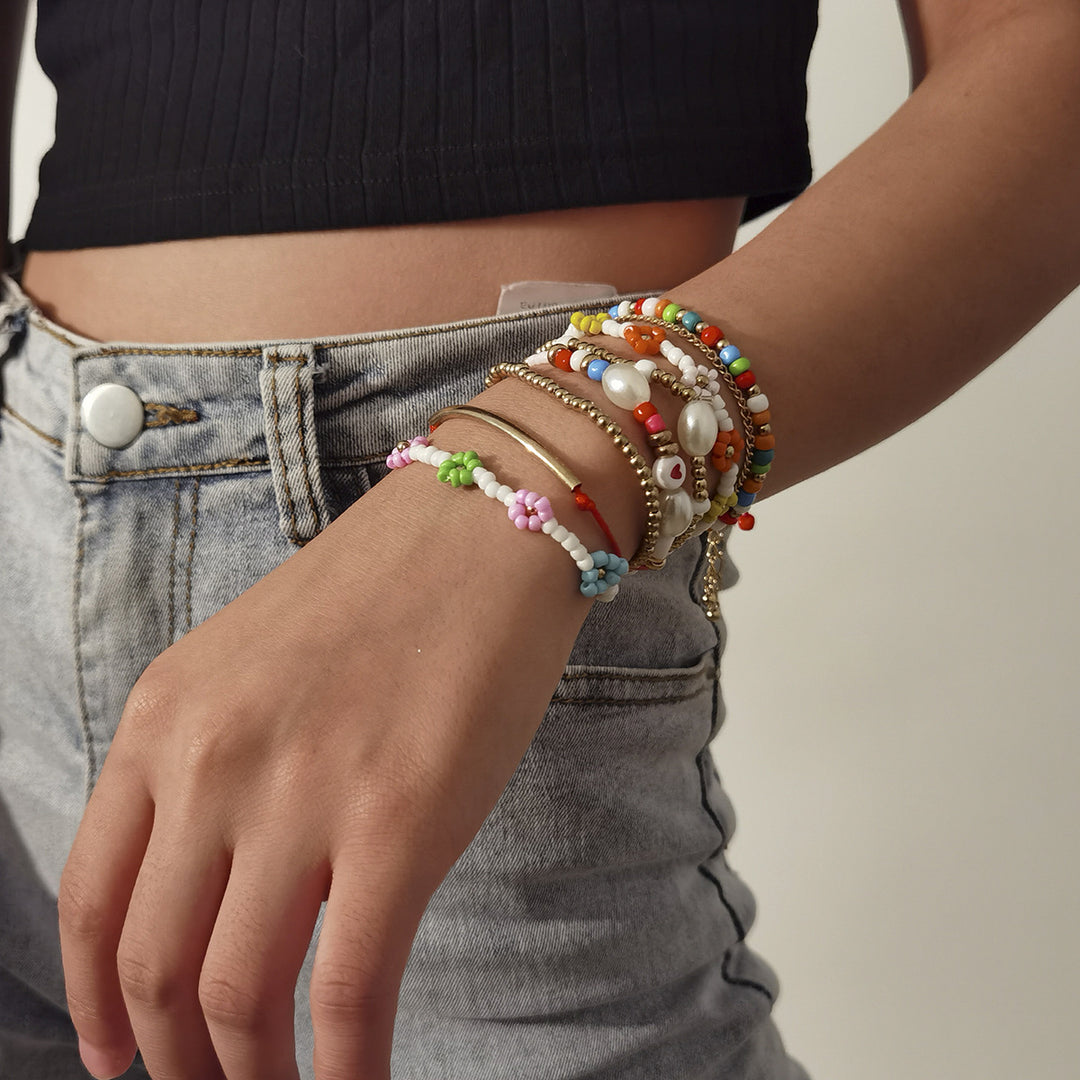 Color Contrast Handmade Flower Rice Bead Bracelet – Playful & Feminine