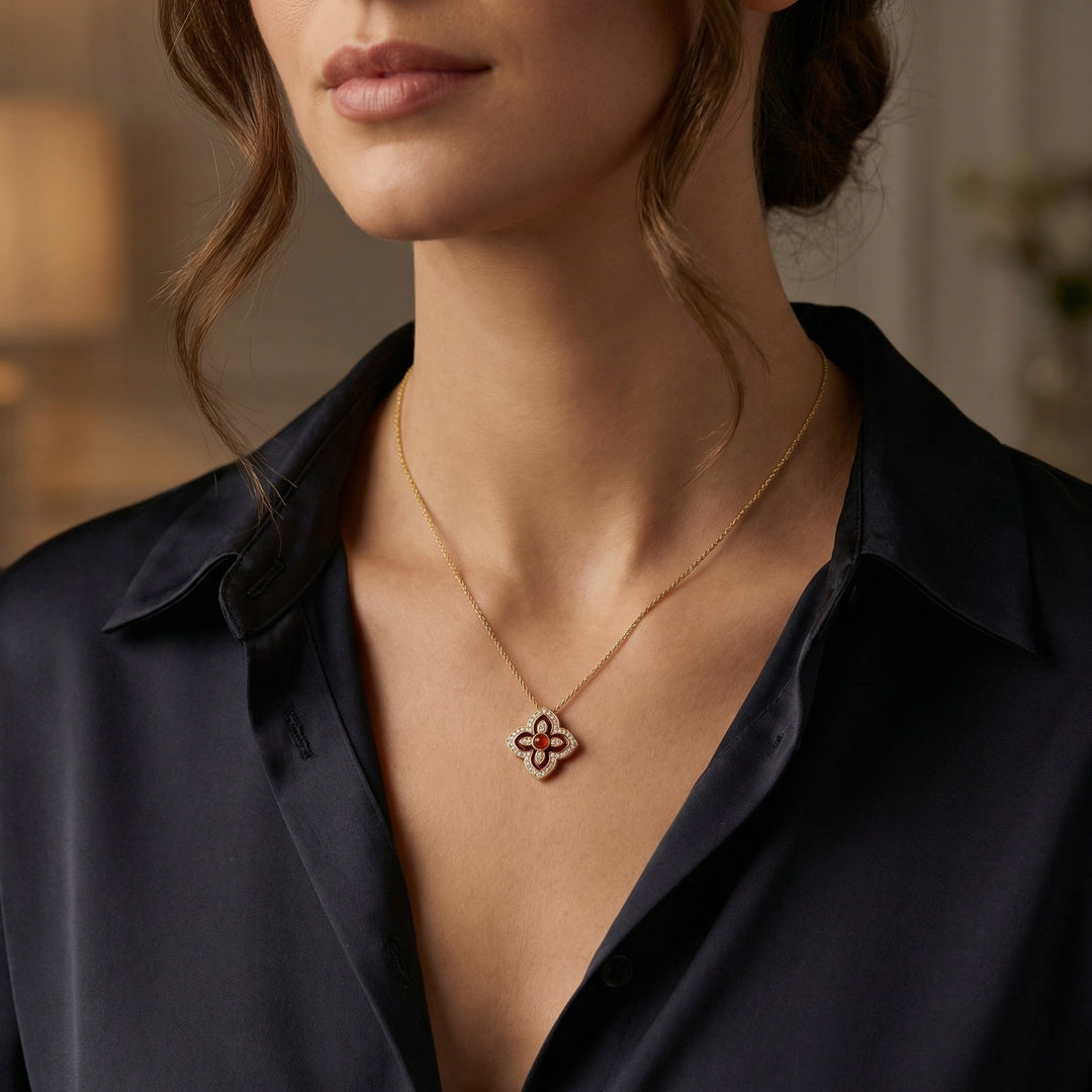 925 Sterling Silver Radiant Red Enamel and Diamond Quatrefoil Pendant Necklace