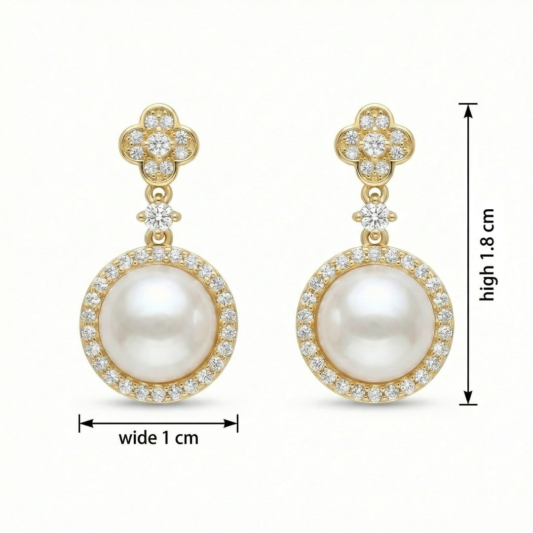 925 Sterling Silver Pearl Drop Earrings with Diamond Halo and Clover-Accent Studs
